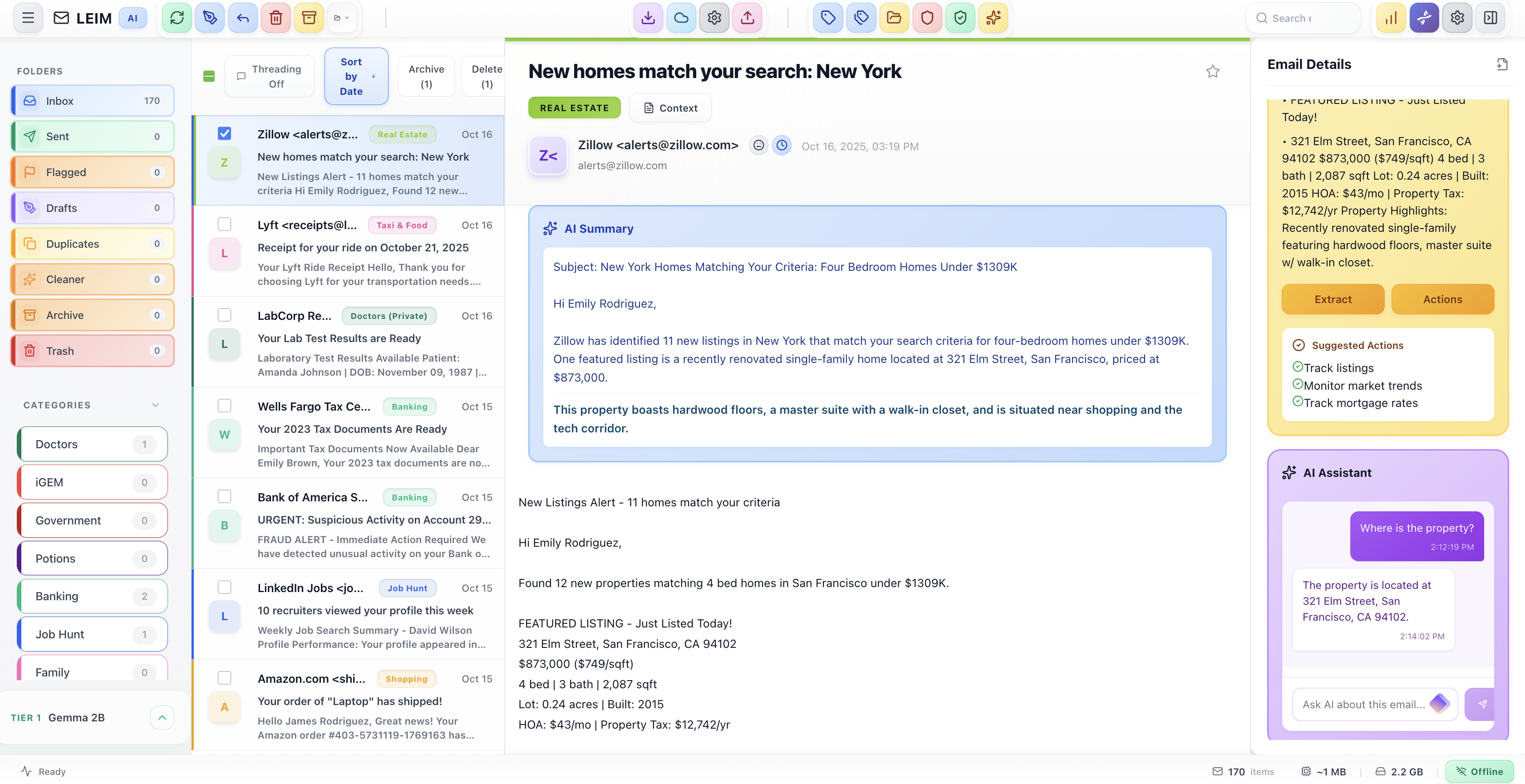 Email summarisation with key info extraction and AI chat response